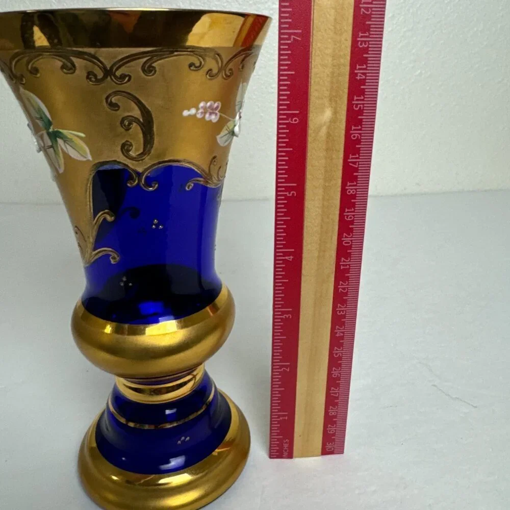 Vintage MCM Enamel Cobalt Blue Luxury Bohemian Czech Crystal Vase 24K Gold